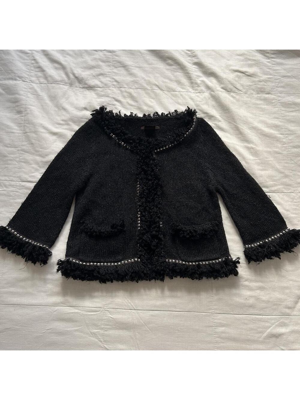 Torrente Donna Black Wool Blend Knit Jacket Fringe Trim Chain Detail